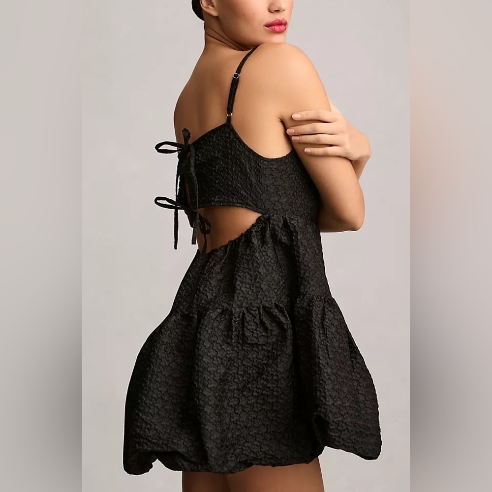 Aureta X Anthropologie Square Neck Buble Hem Black Mini Dress - Picture 4 of 9